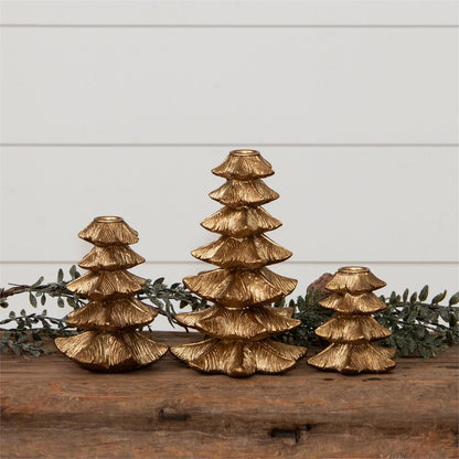 Gold Finish Christmas Tree Candle Holder - Set of 3
