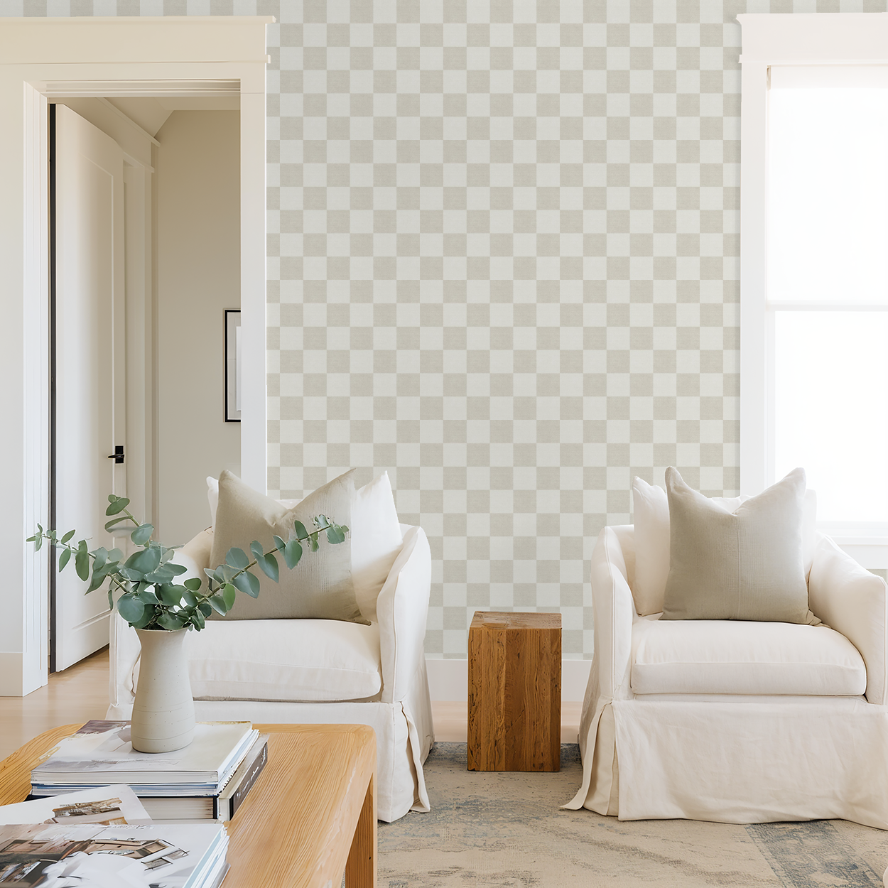 Woven Check (Beige) Wallpaper - 8 FT H X 12.5 FT W LUXE