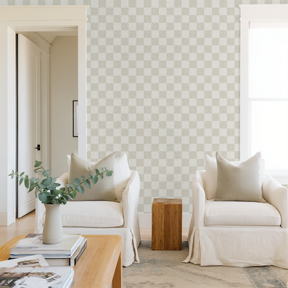 Woven Check (Beige) Wallpaper - 8 FT H X 12.5 FT W LUXE