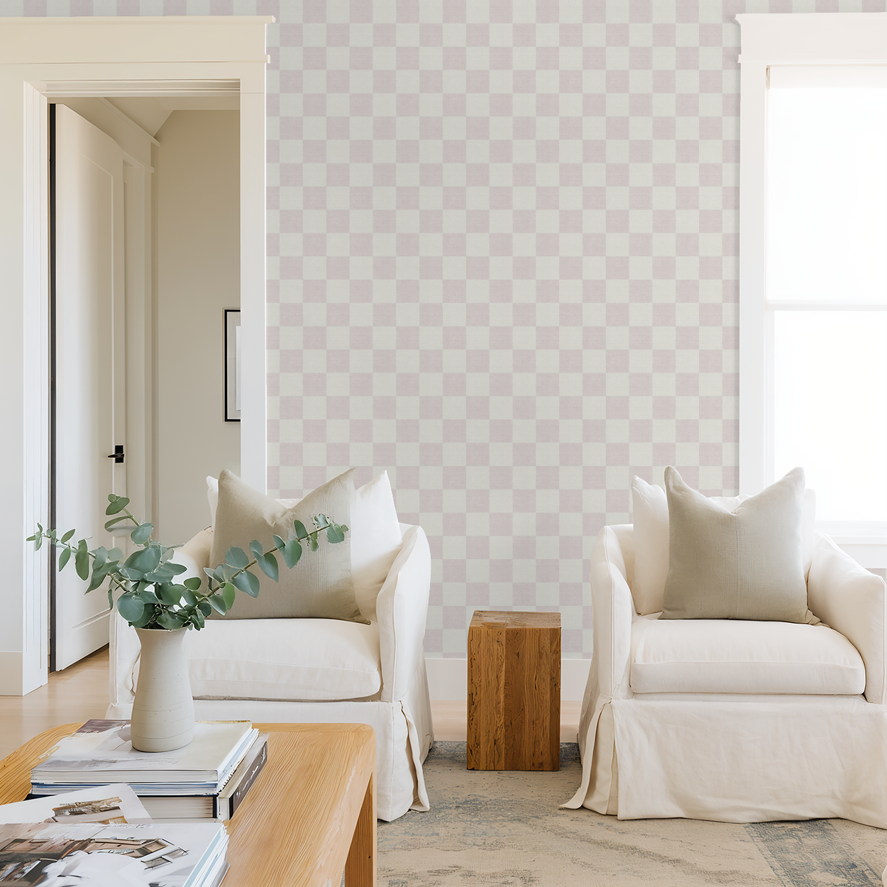 Woven Check (Pink) Wallpaper - 8 FT H X 11 FT W LUXE
