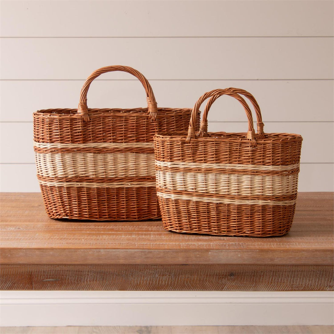 TAN AND CREAM STRIPED WICKER BASKETS