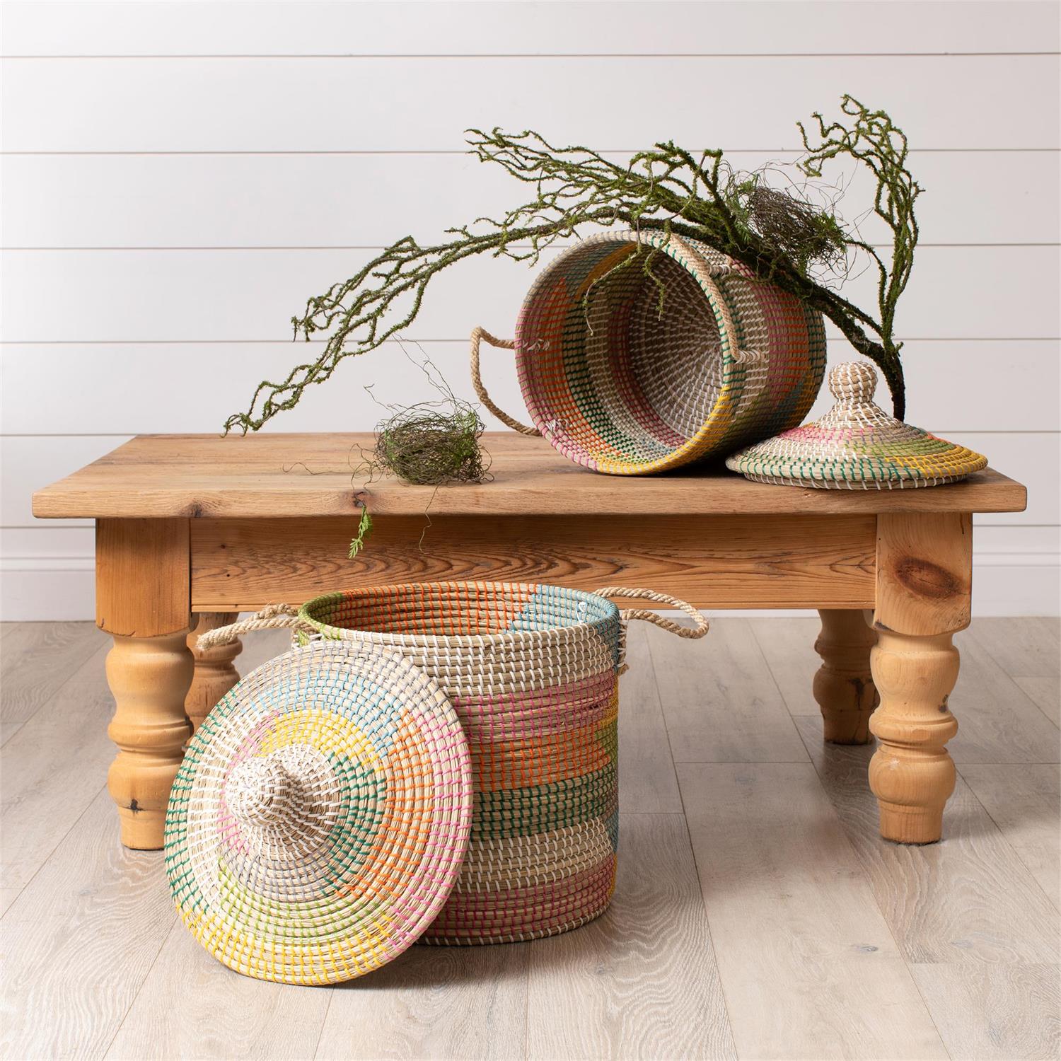 Basket - Colorful Coiled Seagrass With Lid
