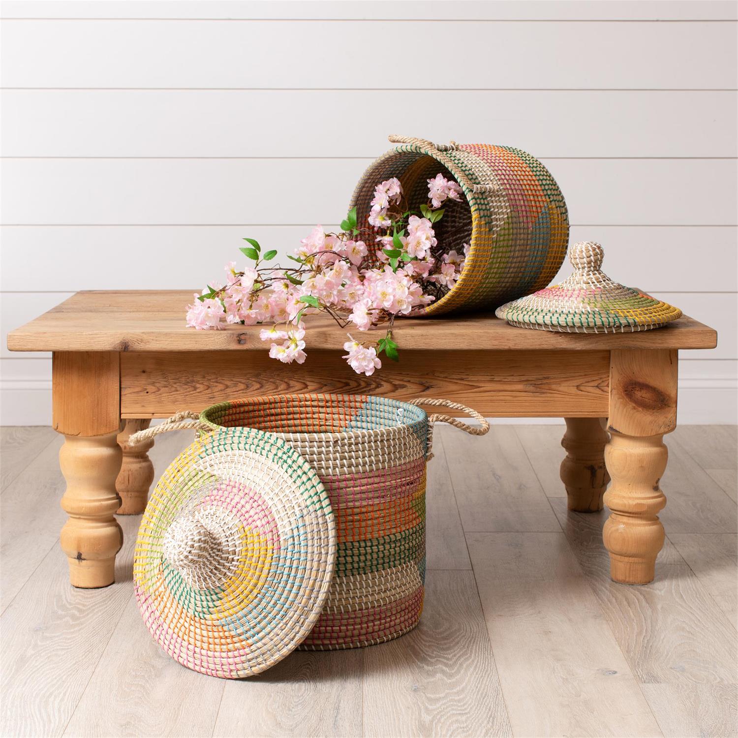 Basket - Colorful Coiled Seagrass With Lid