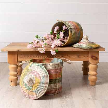 Basket - Colorful Coiled Seagrass With Lid