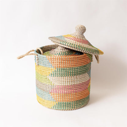 Basket - Colorful Coiled Seagrass With Lid