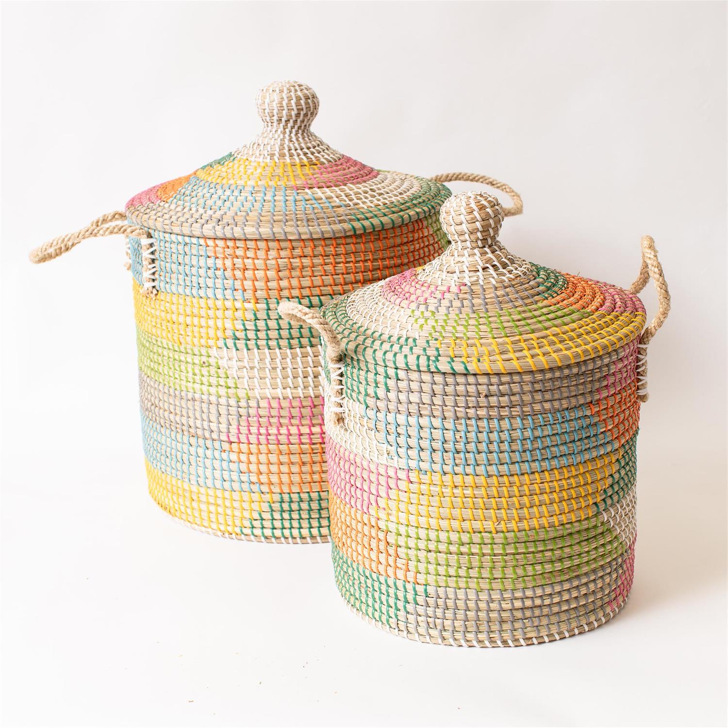Basket - Colorful Coiled Seagrass With Lid