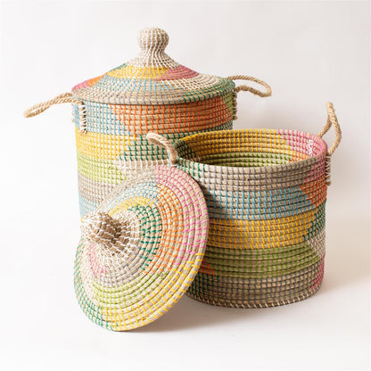 Basket - Colorful Coiled Seagrass With Lid