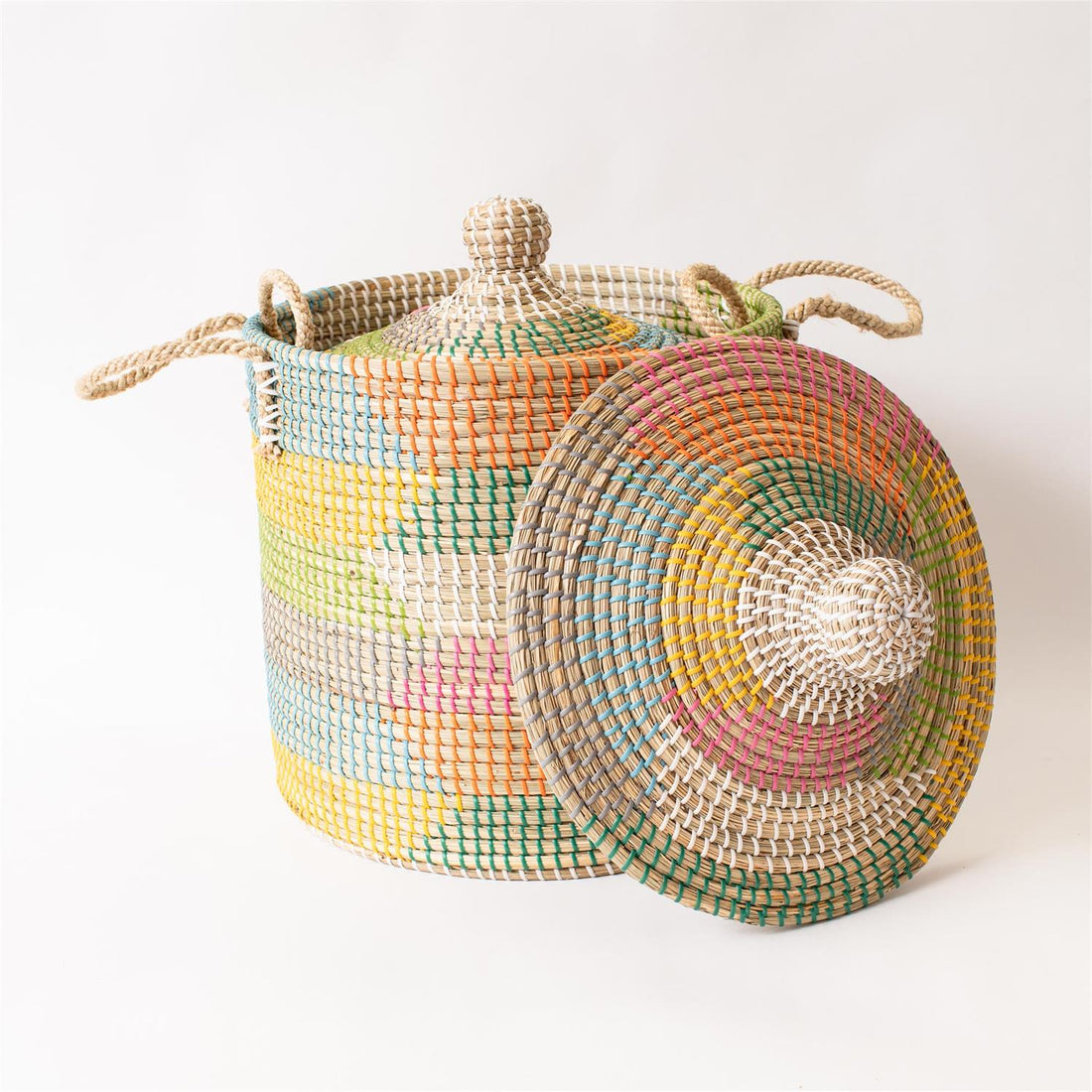 Basket - Colorful Coiled Seagrass With Lid
