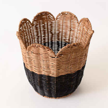 Basket - Round Black Bottom Rattan Scalloped Edge