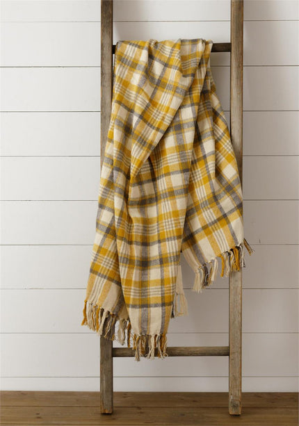 BRUSHED COTTON FLANNEL THROW - MUSTARD, WARM GRAY