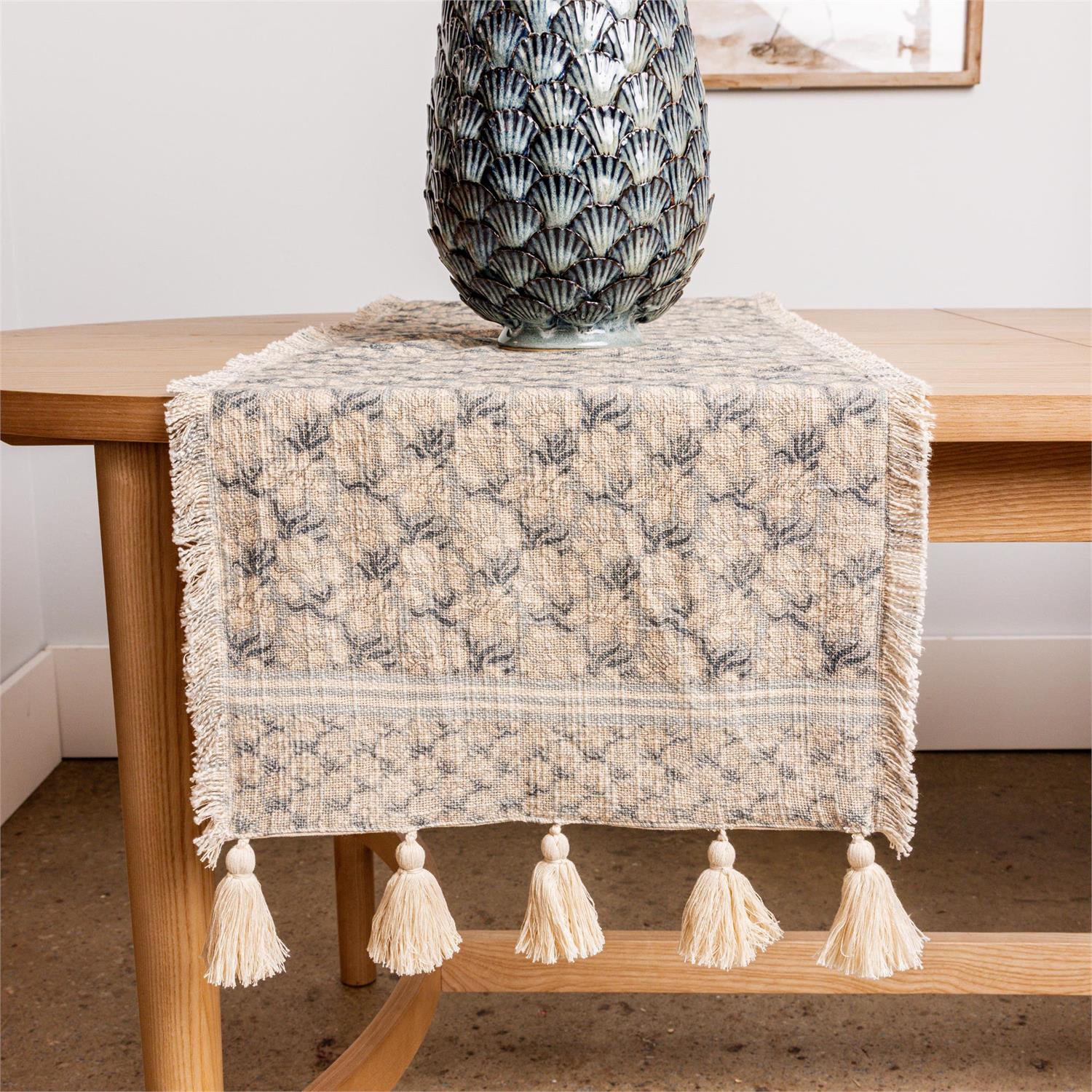 Runner - Windward Blue Block Print With Tassels