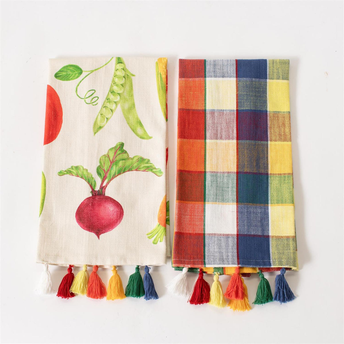 Tea Towels - Veggies, Pop Plaid With Tassels (Set Of 2)
