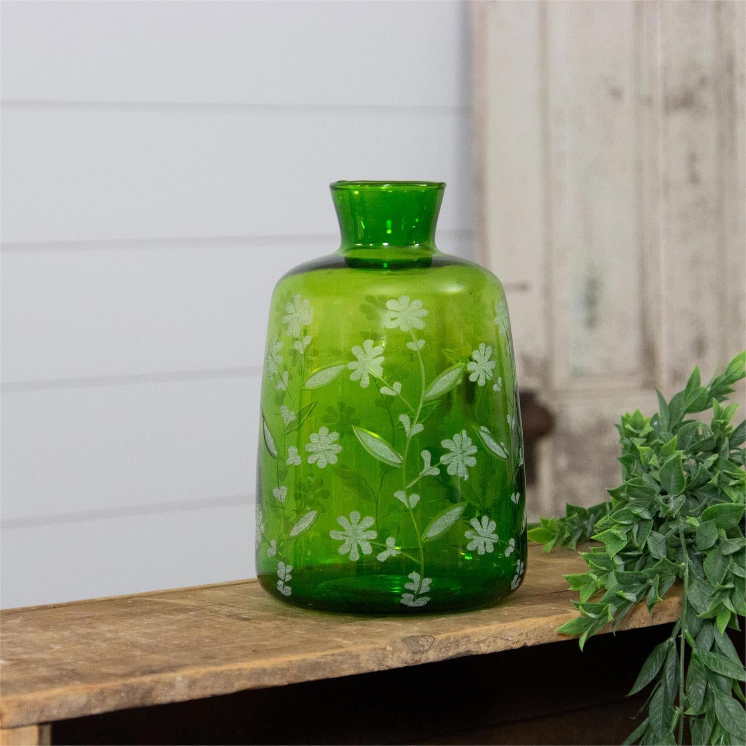 GREEN ETCHED FLORAL VASE