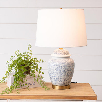Lamp - Blue Floral Ginger Jar, With Shade