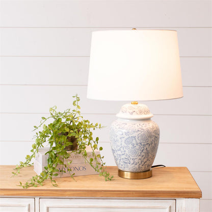 Lamp - Blue Floral Ginger Jar, With Shade