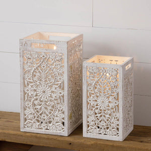 LANTERNS - CARVED WOOD WITH GLASS CANDLE SHADE