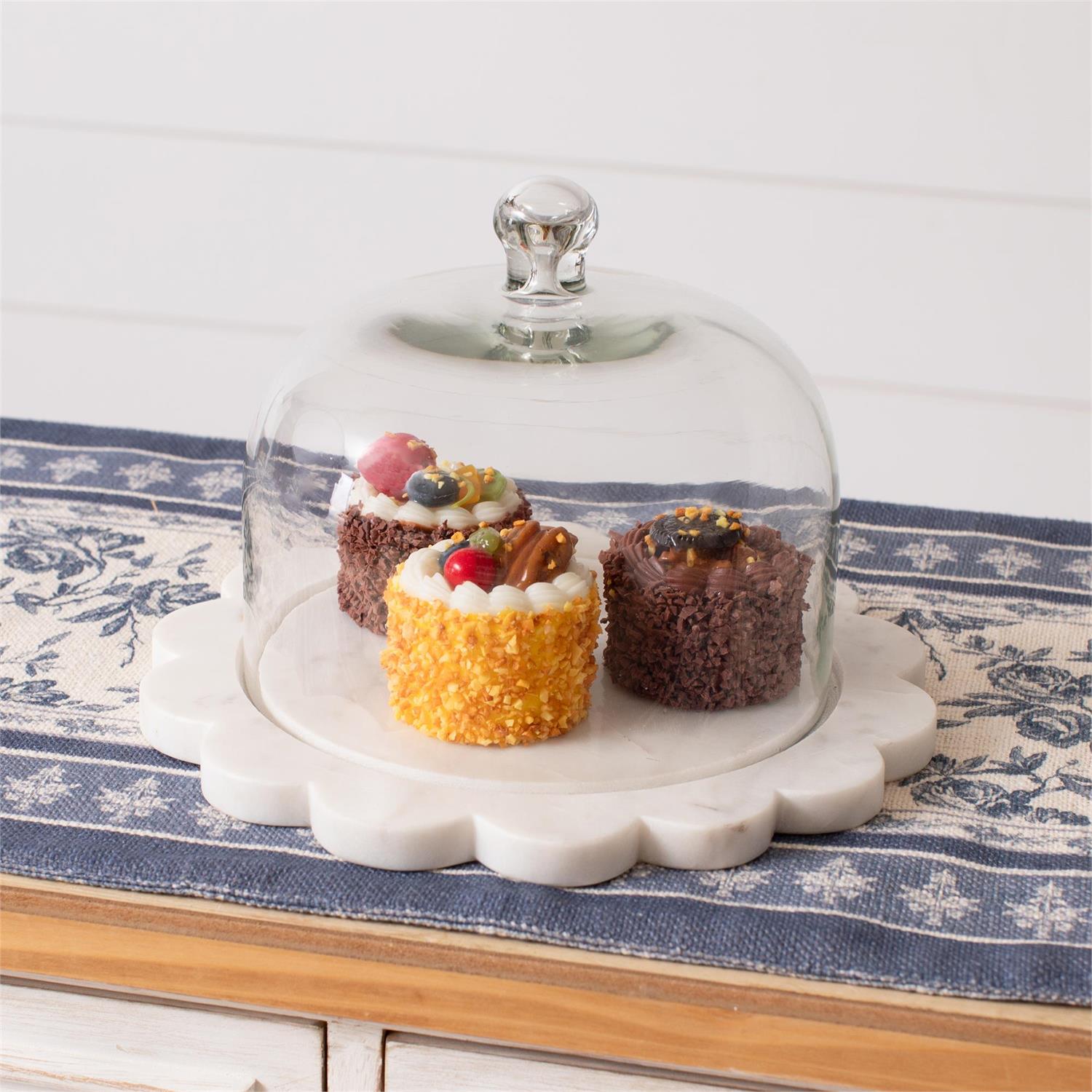 Glass Cloche With Scallop Edge Marble Tray