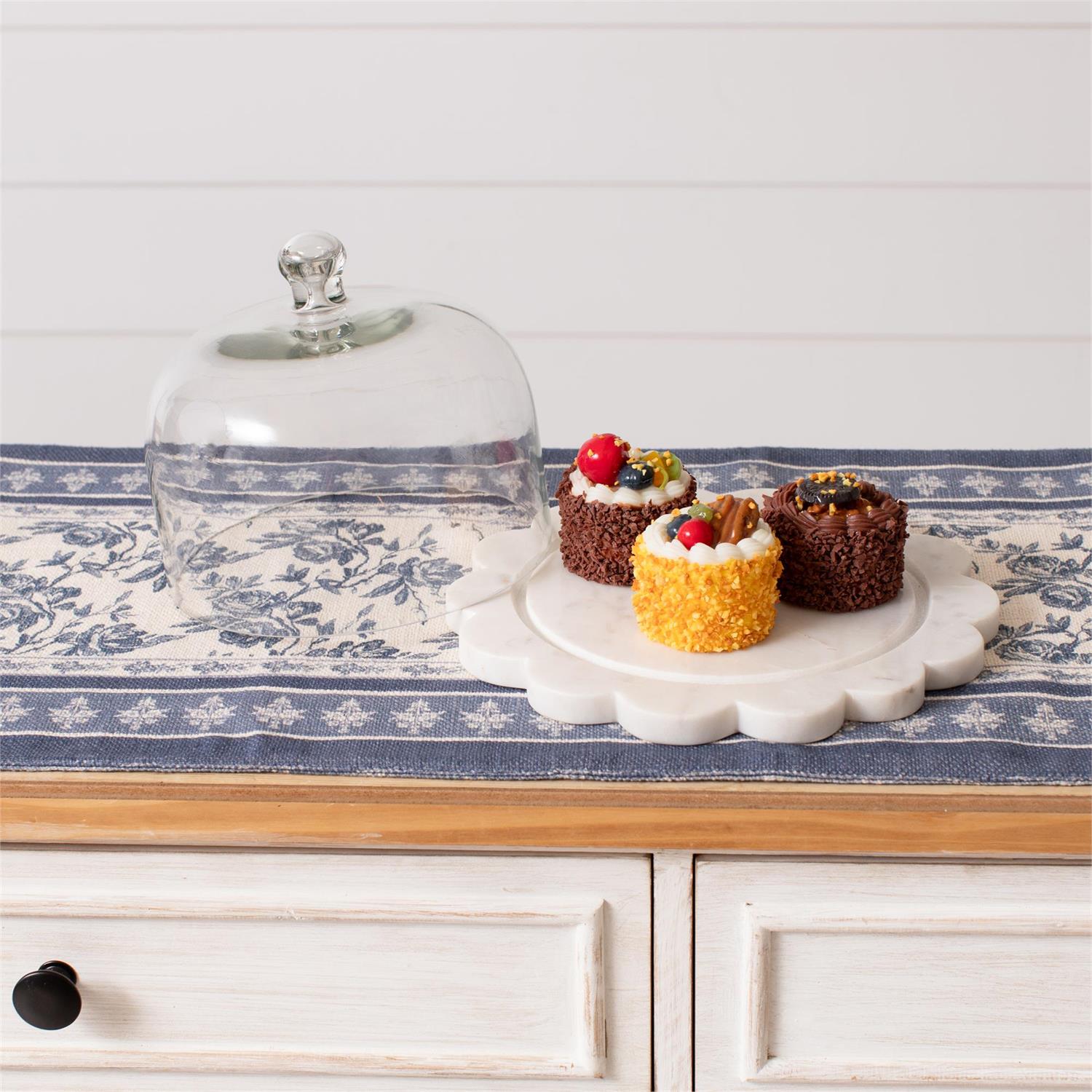 Glass Cloche With Scallop Edge Marble Tray