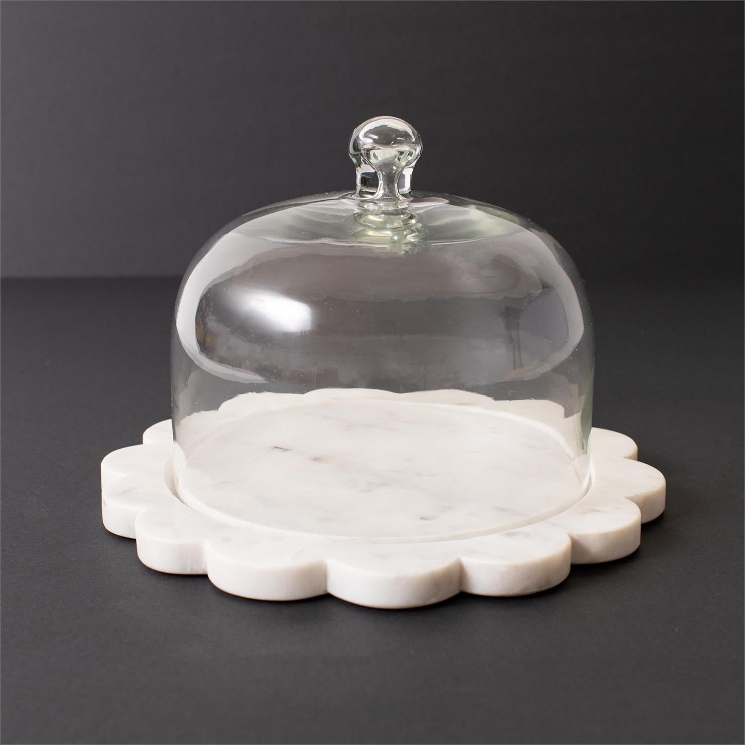 Glass Cloche With Scallop Edge Marble Tray