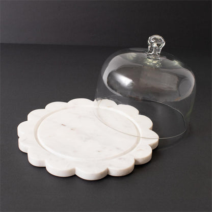 Glass Cloche With Scallop Edge Marble Tray