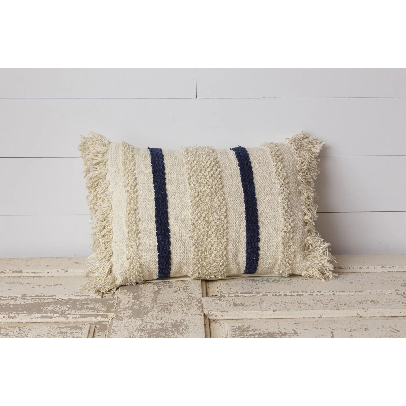 Pillow - Woven with Navy Blue Stripes and Sequins