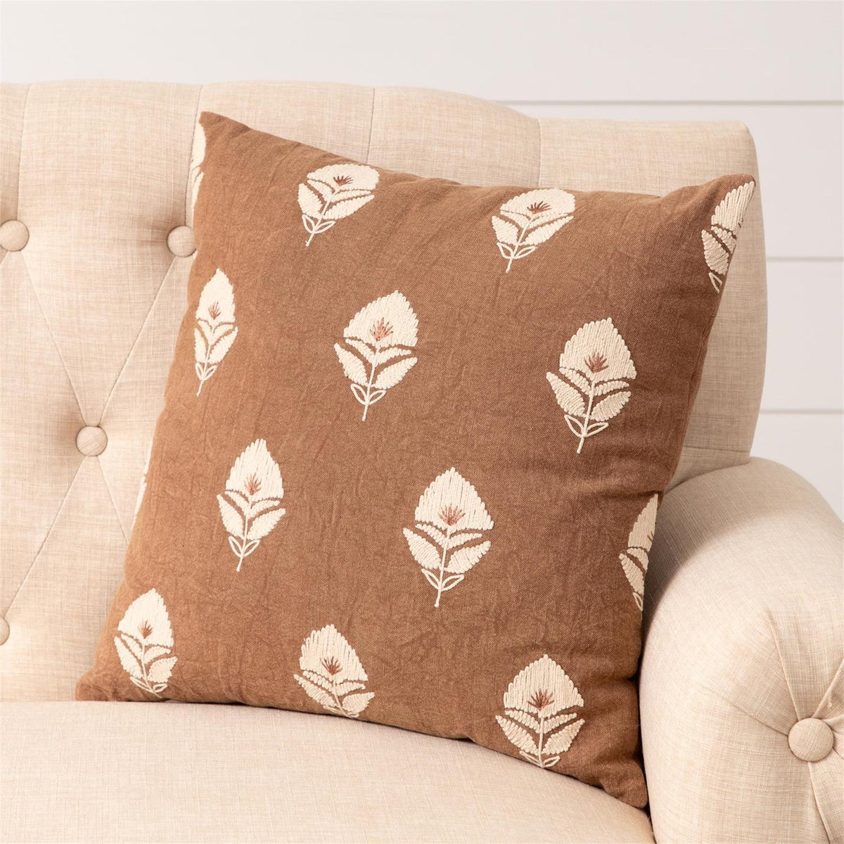 PILLOW - RUST WITH EMBROIDERED FLORAL BLOCK PRINT