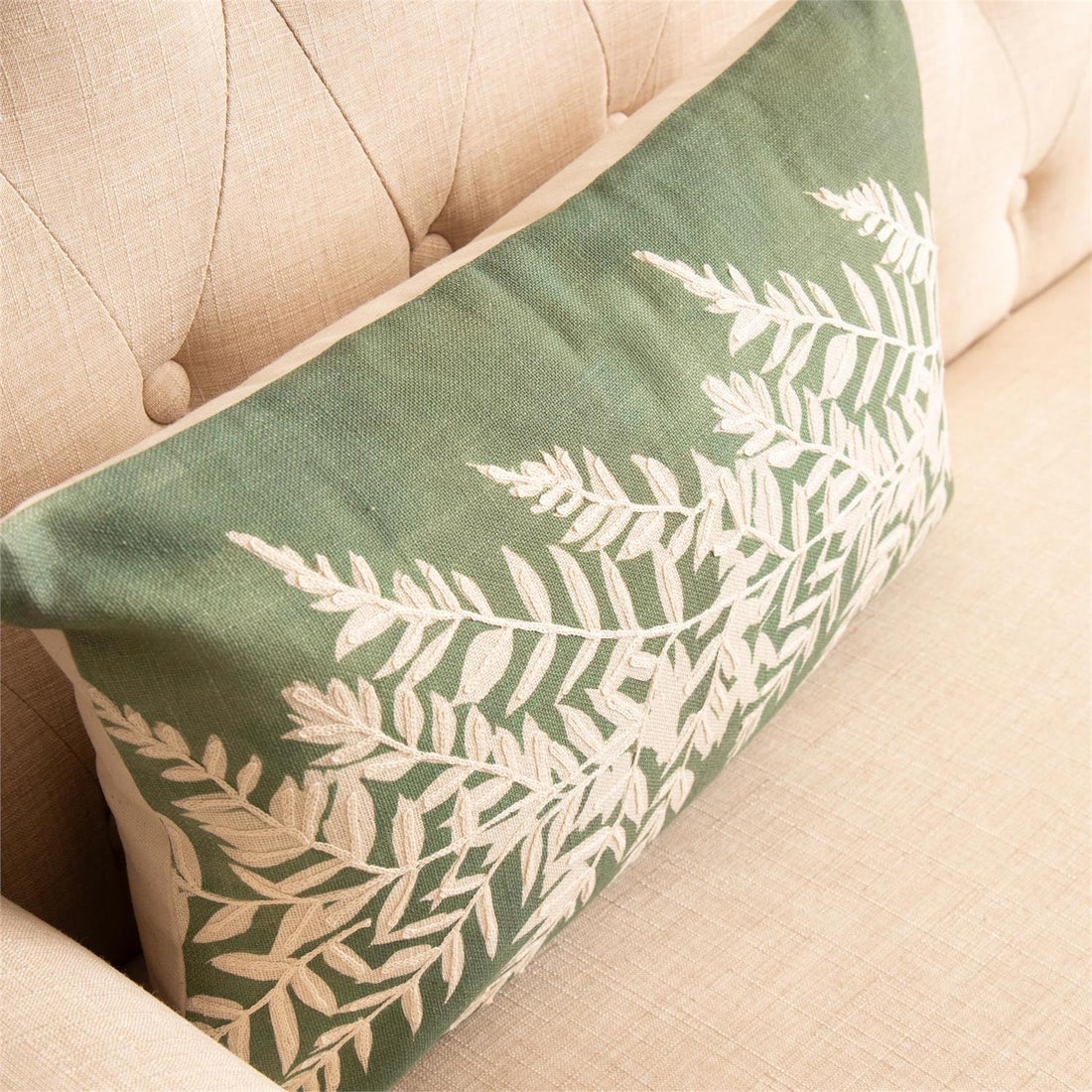 Lumbar Pillow - Embroidered Leafy Green