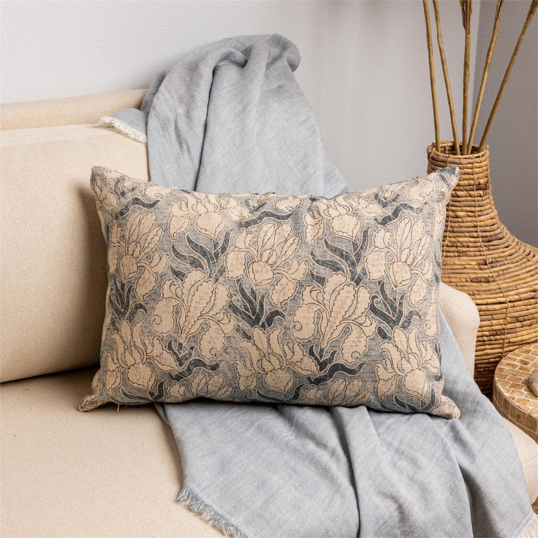 Lumbar Pillow - Windward Blue Floral With Kantha Stitch