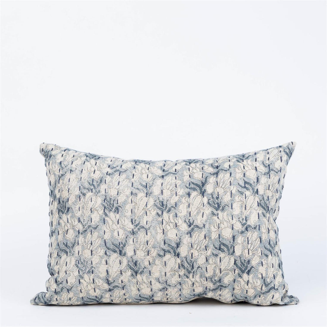Lumbar Pillow - Windward Blue Floral With Kantha Stitch