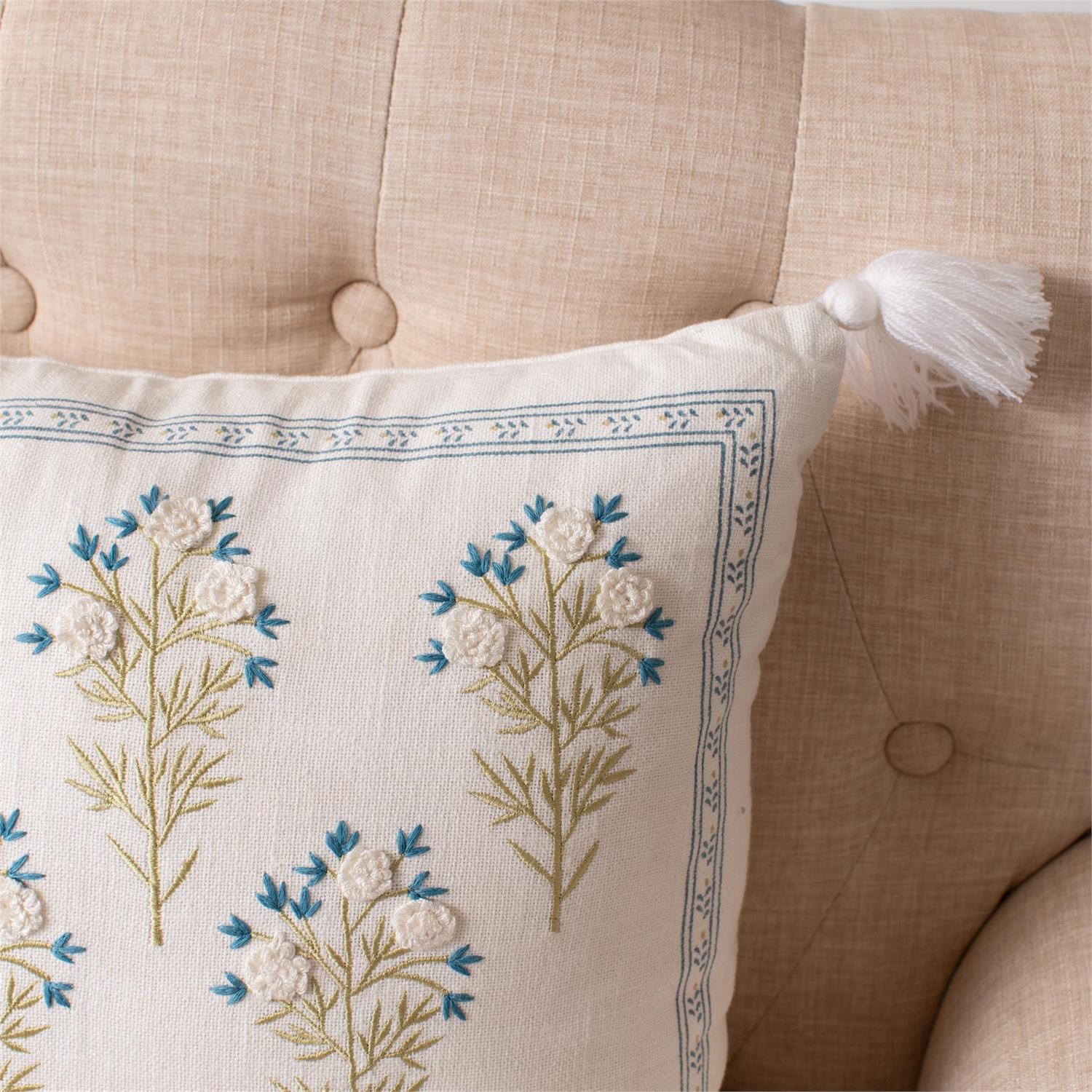 Pillow - Embroidered Blue Floral With Tassels
