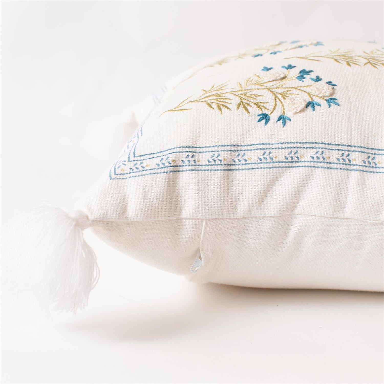 Pillow - Embroidered Blue Floral With Tassels