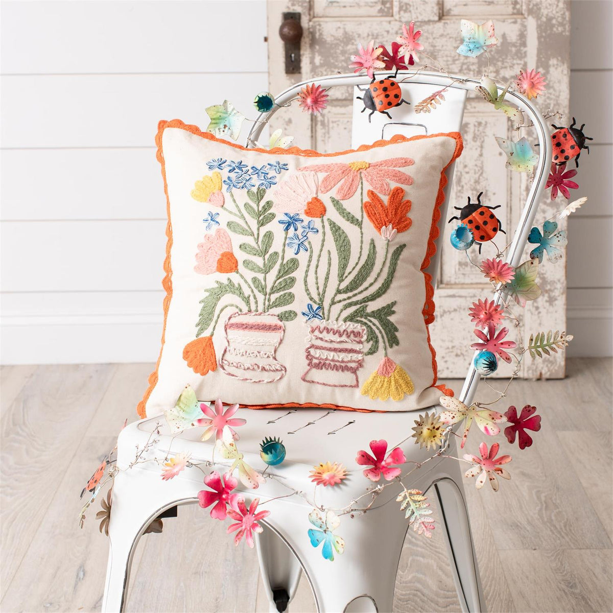 Pillow - Boho Embroidered Floral Vases