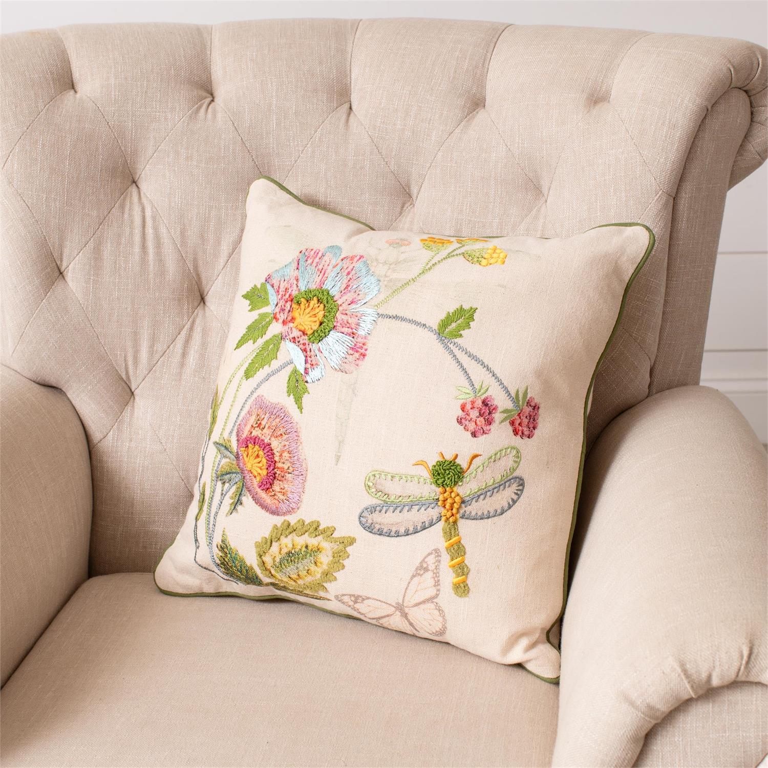 Pillow - Floral And Dragonfly Embroidered