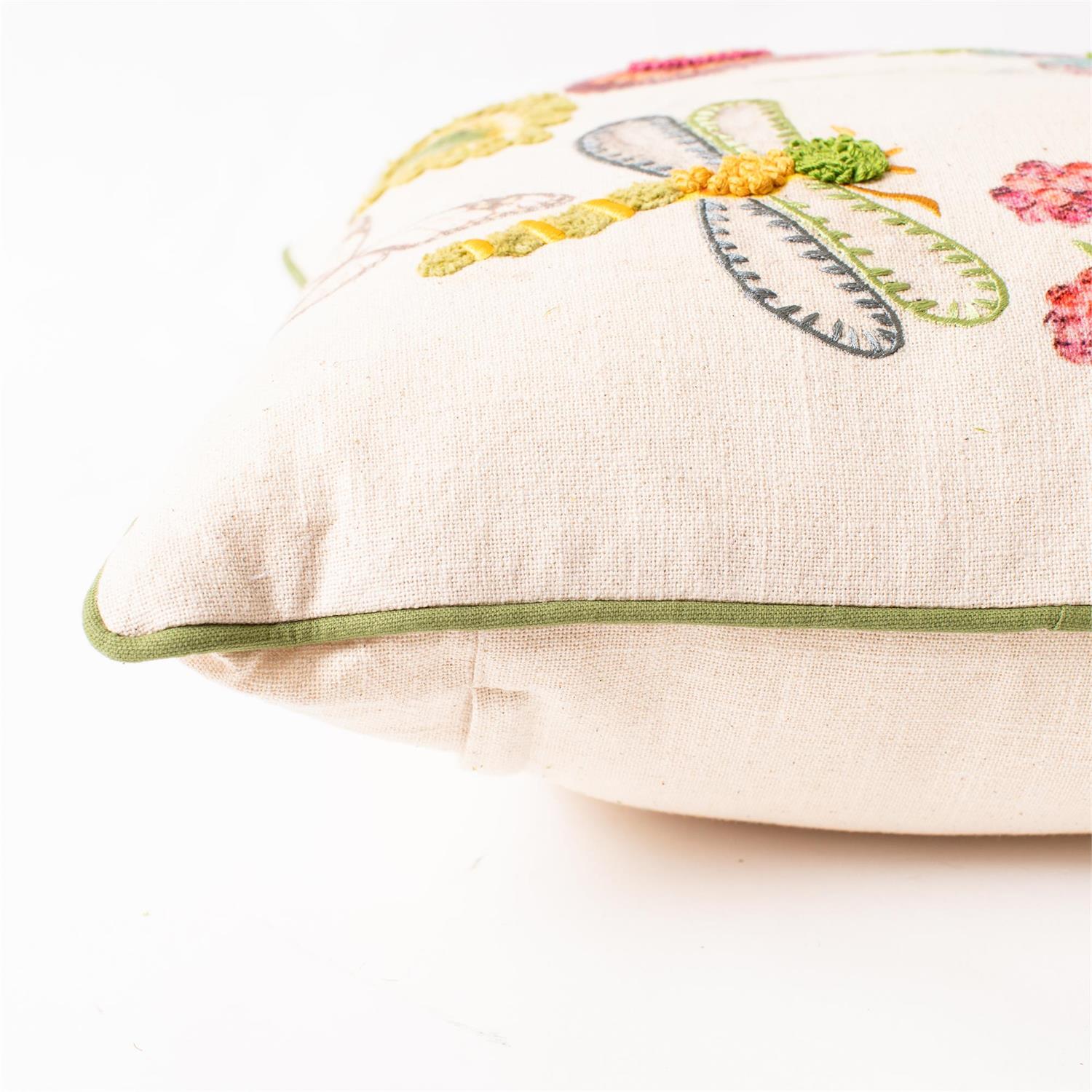 Pillow - Floral And Dragonfly Embroidered