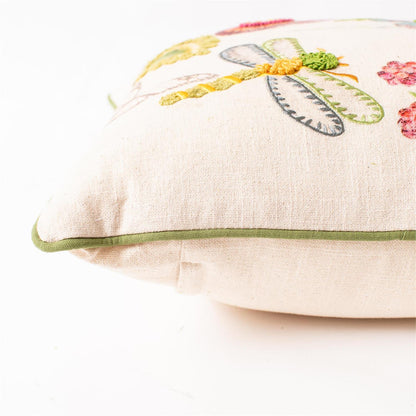 Pillow - Floral And Dragonfly Embroidered