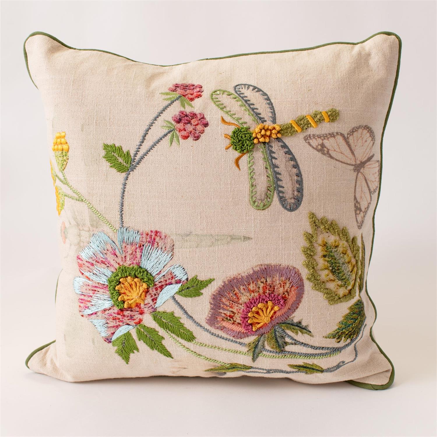 Pillow - Floral And Dragonfly Embroidered