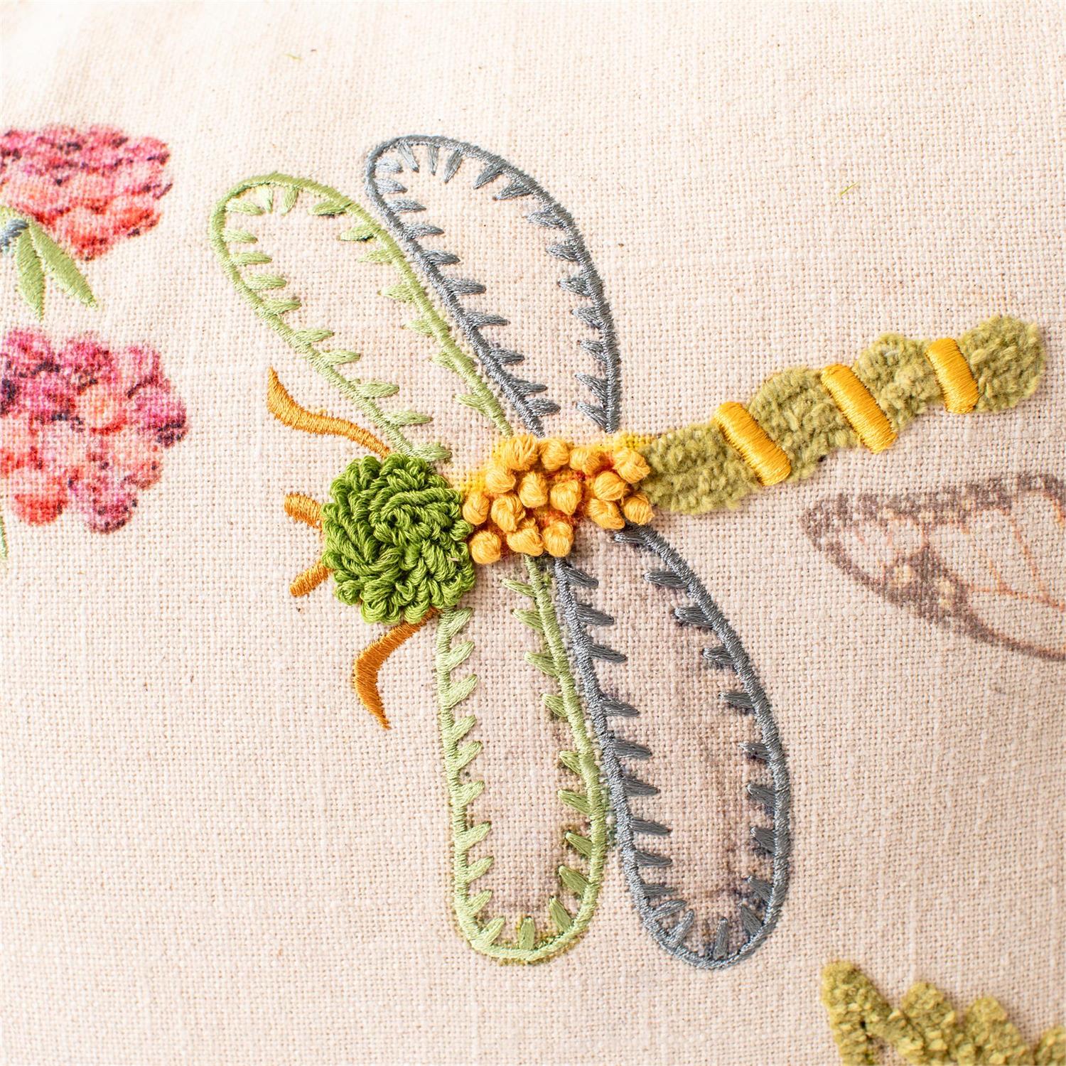 Pillow - Floral And Dragonfly Embroidered