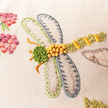 Pillow - Floral And Dragonfly Embroidered