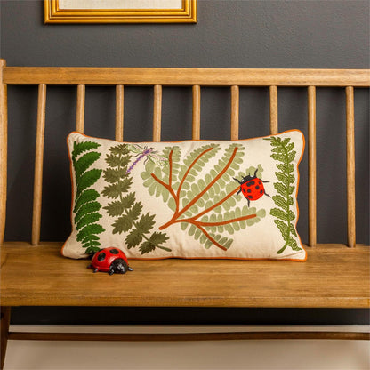 Lumbar Pillow - Embroidered Ferns and Bugs