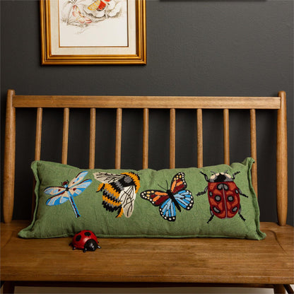 Lumbar Pillow - Green Canvas Embroidered Bugs