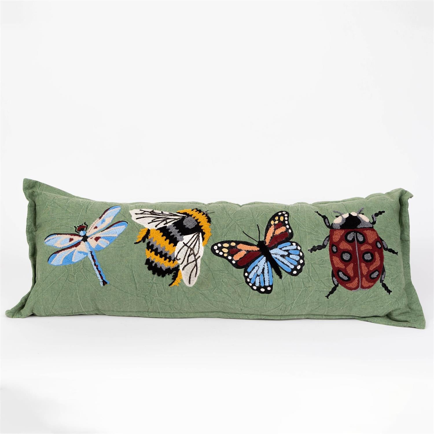 Lumbar Pillow - Green Canvas Embroidered Bugs