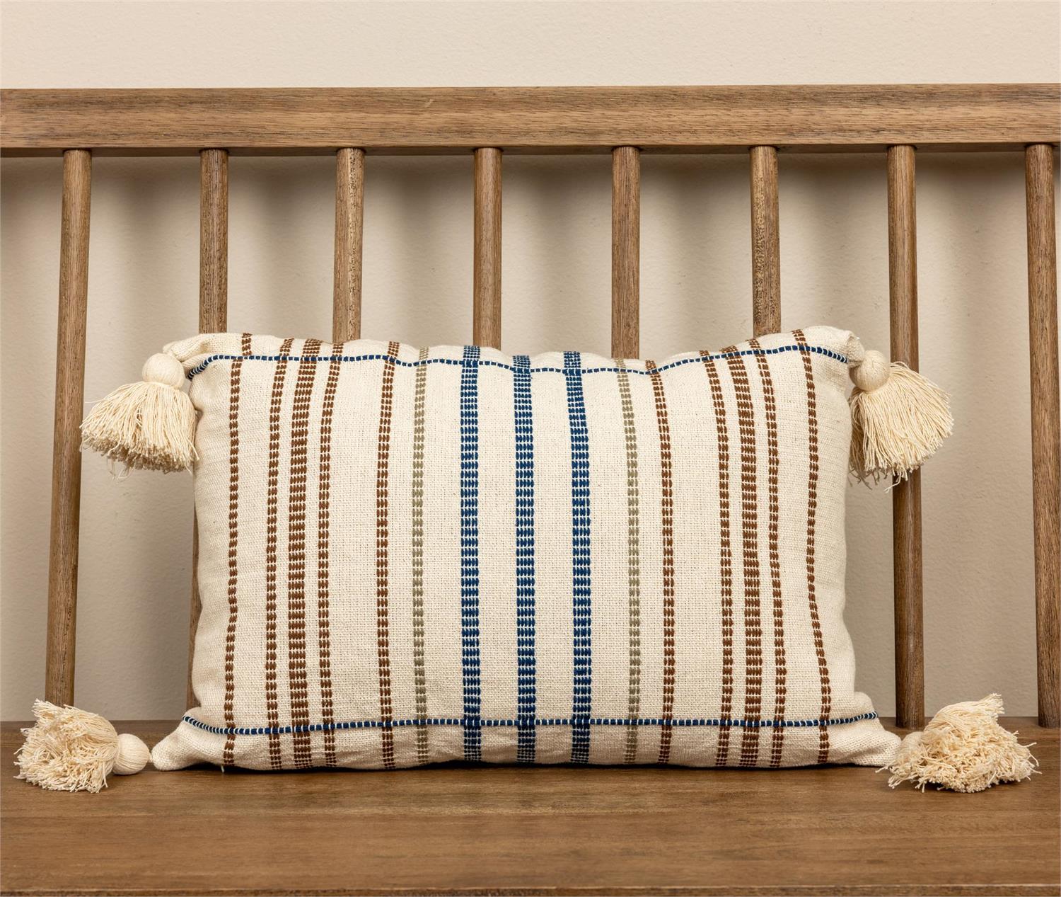 Lumbar Pillow - Blue Striped, With Tassels