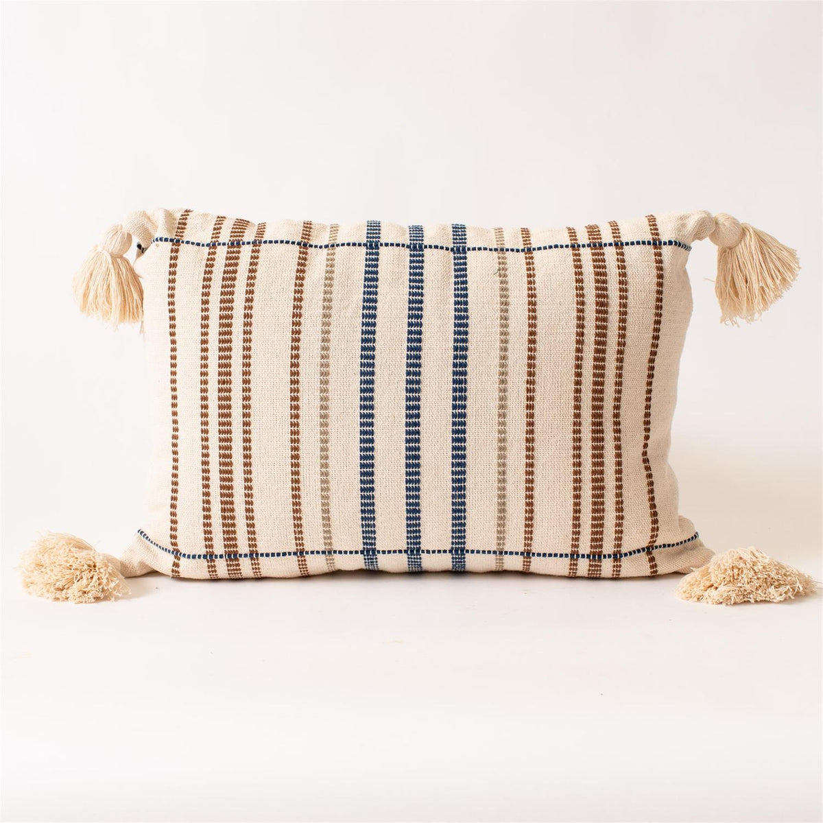 Lumbar Pillow - Blue Striped, With Tassels