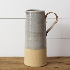 POTTERY - LARGE PITCHER, METAL HANDLE