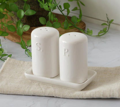 WHITE COTTAGE CERAMIC SALT AND PEPPER IN TRAY