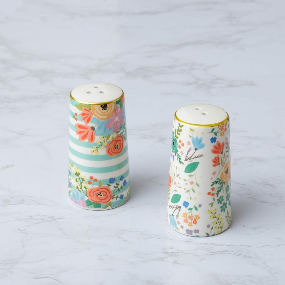 FLORAL SALT AND PEPPER SHAKERS WITH GOLD RIM