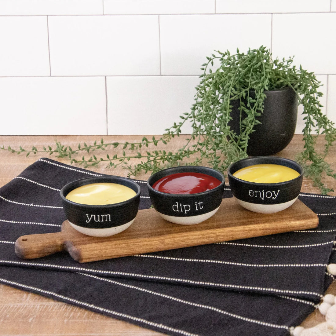 Wood Serving Tray With Stoneware Dip Bowls