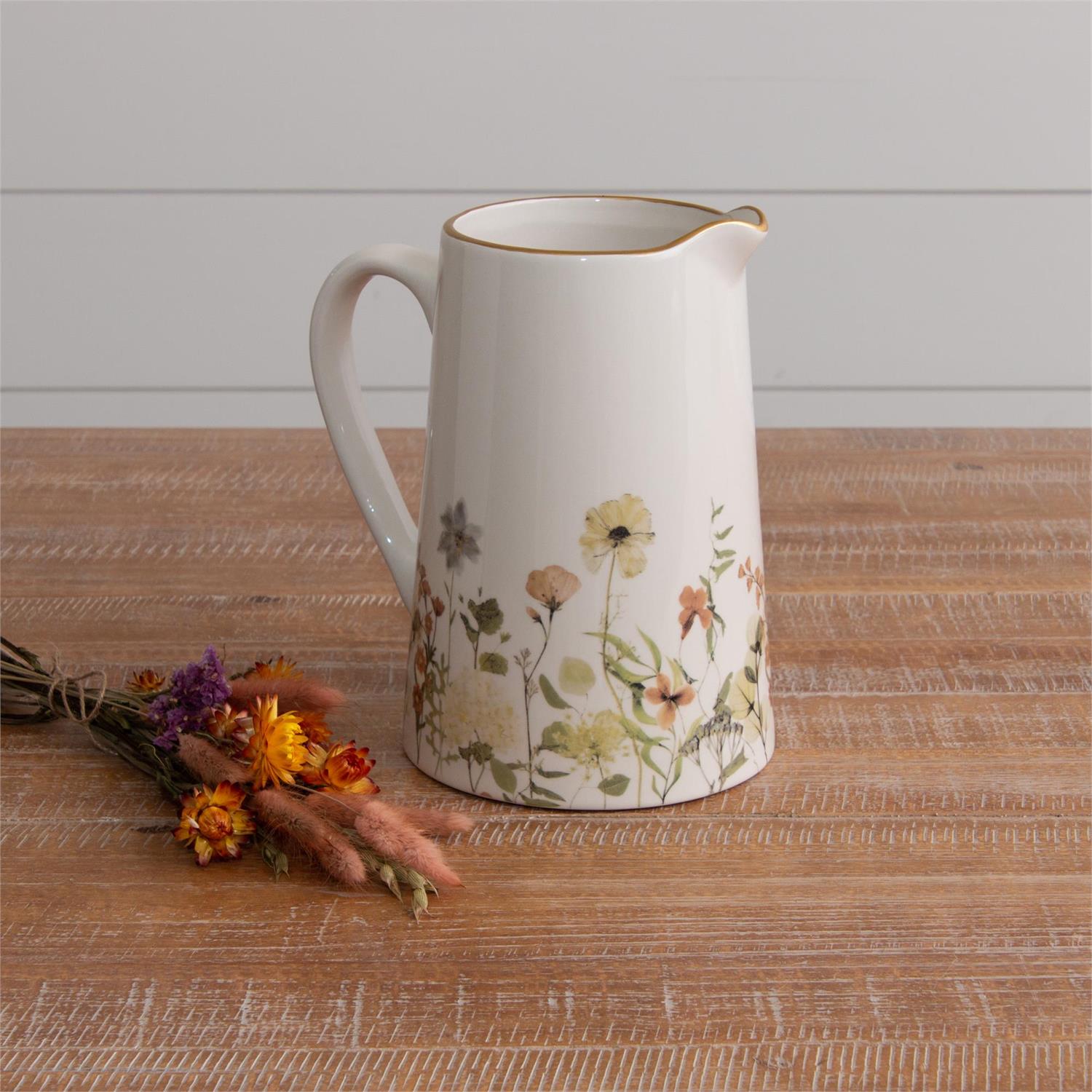 DRIED FLOWER PITCHER WITH GOLD RIM