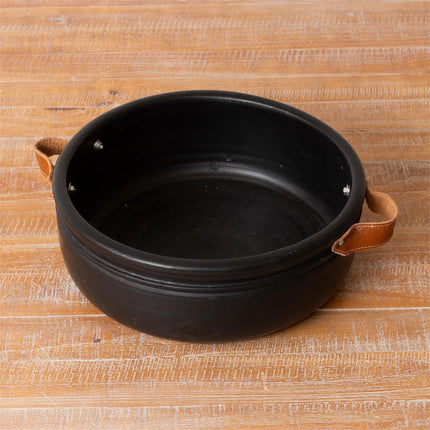 Pottery - Black Bowl With Leather Handles, Lg