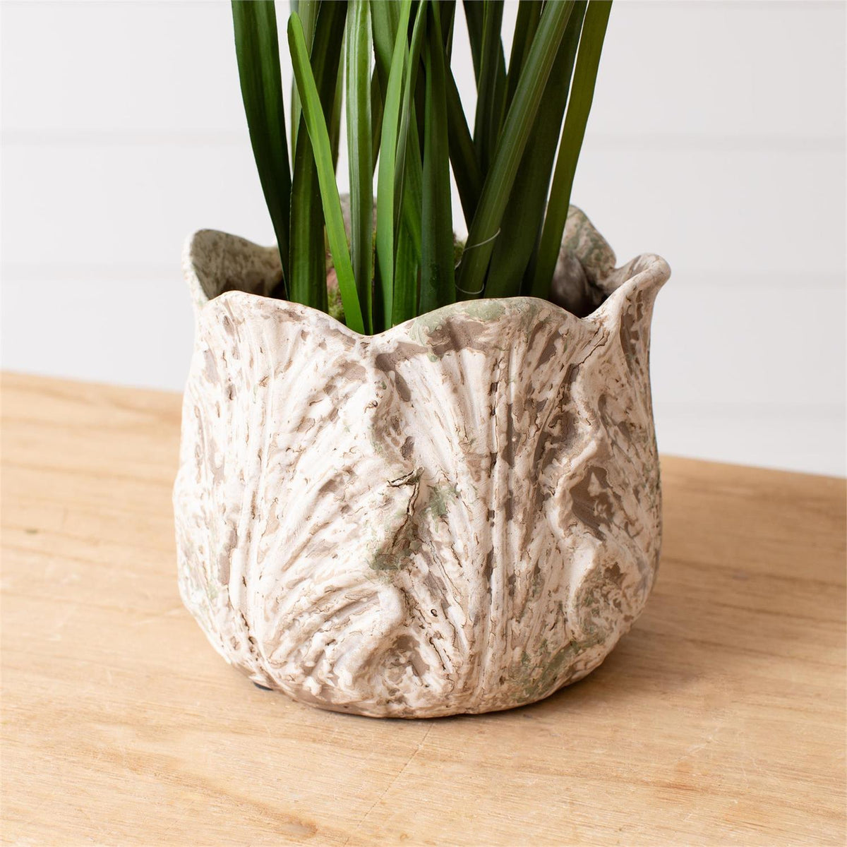 Planter - Distressed White Leaf Design